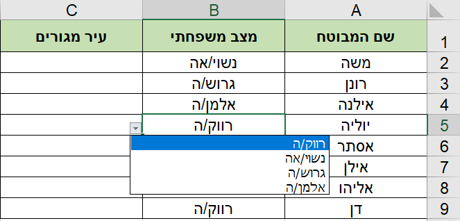 רשימה נפתחת באקסל